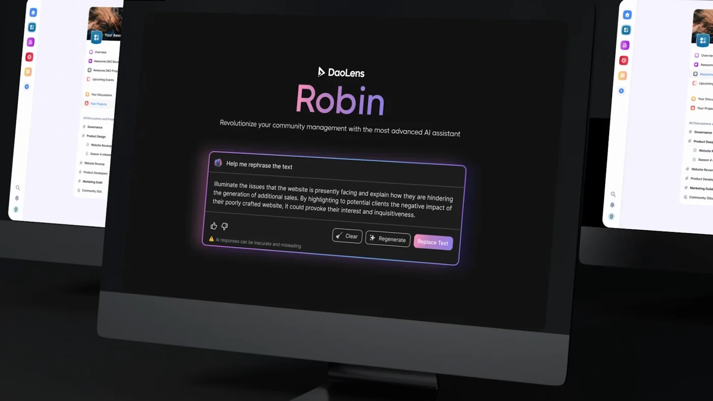 Robin, DaoLens's AI assistant for community discussions, proposals, and projects, in a still from its introduction video (2023)