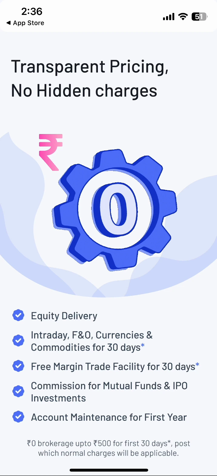 Complete July 2024 pricing study, including the qualifying footnote: zero brokerage up to 500 rupees for the first 30 days, after which normal charges apply.