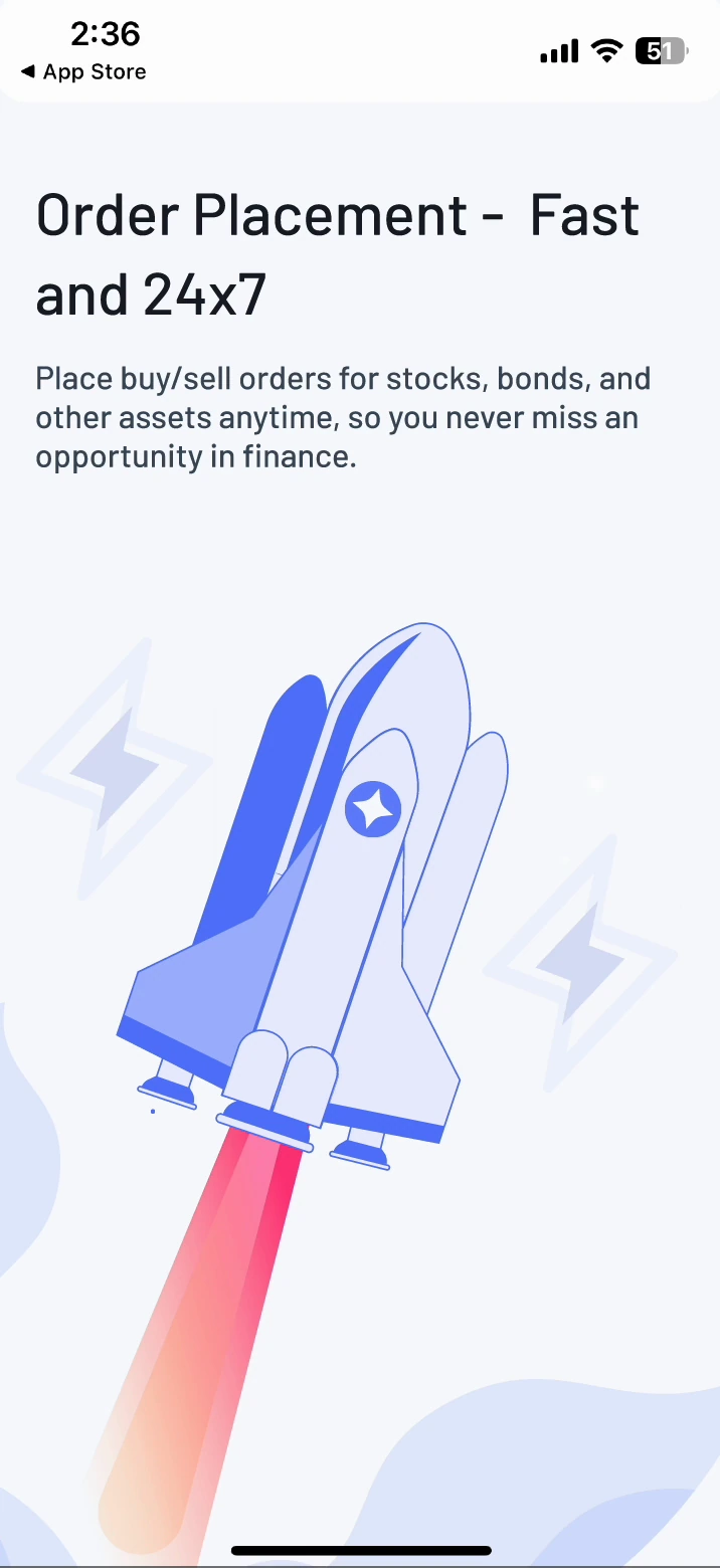 Historical promotional screen headed Order Placement — Fast and 24x7, with a rocket illustration. No order-entry interface is shown.