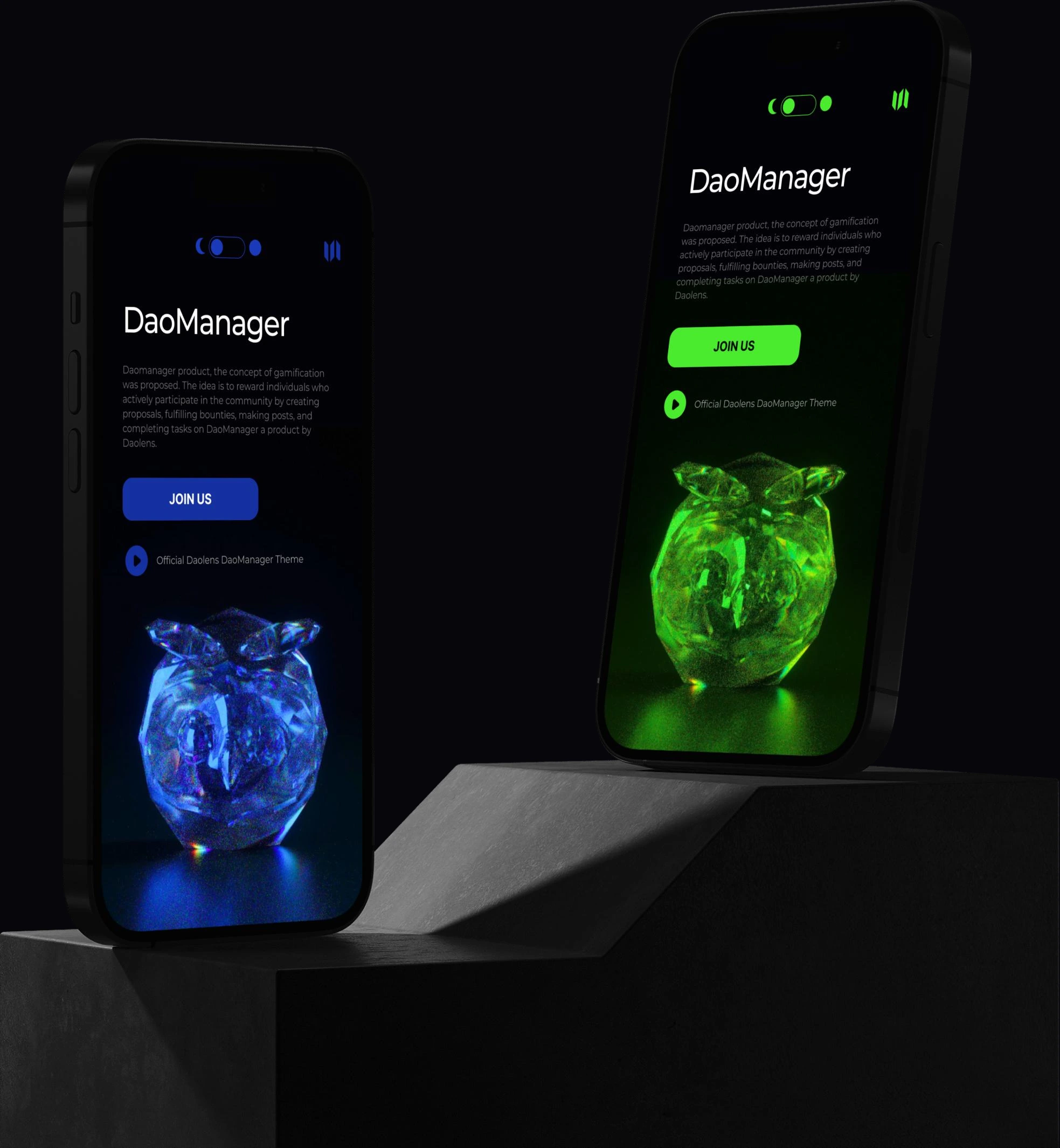 DaoManager gamification concept, shown in two visual treatments from the original presentation.