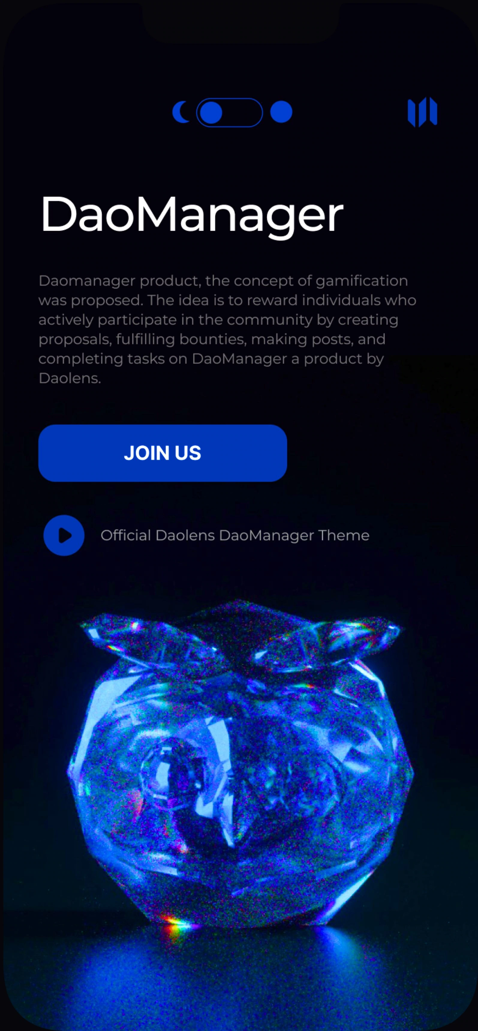 DaoManager concept introduction with its proposed contribution-reward explanation, Join Us button and blue iridescent owl.