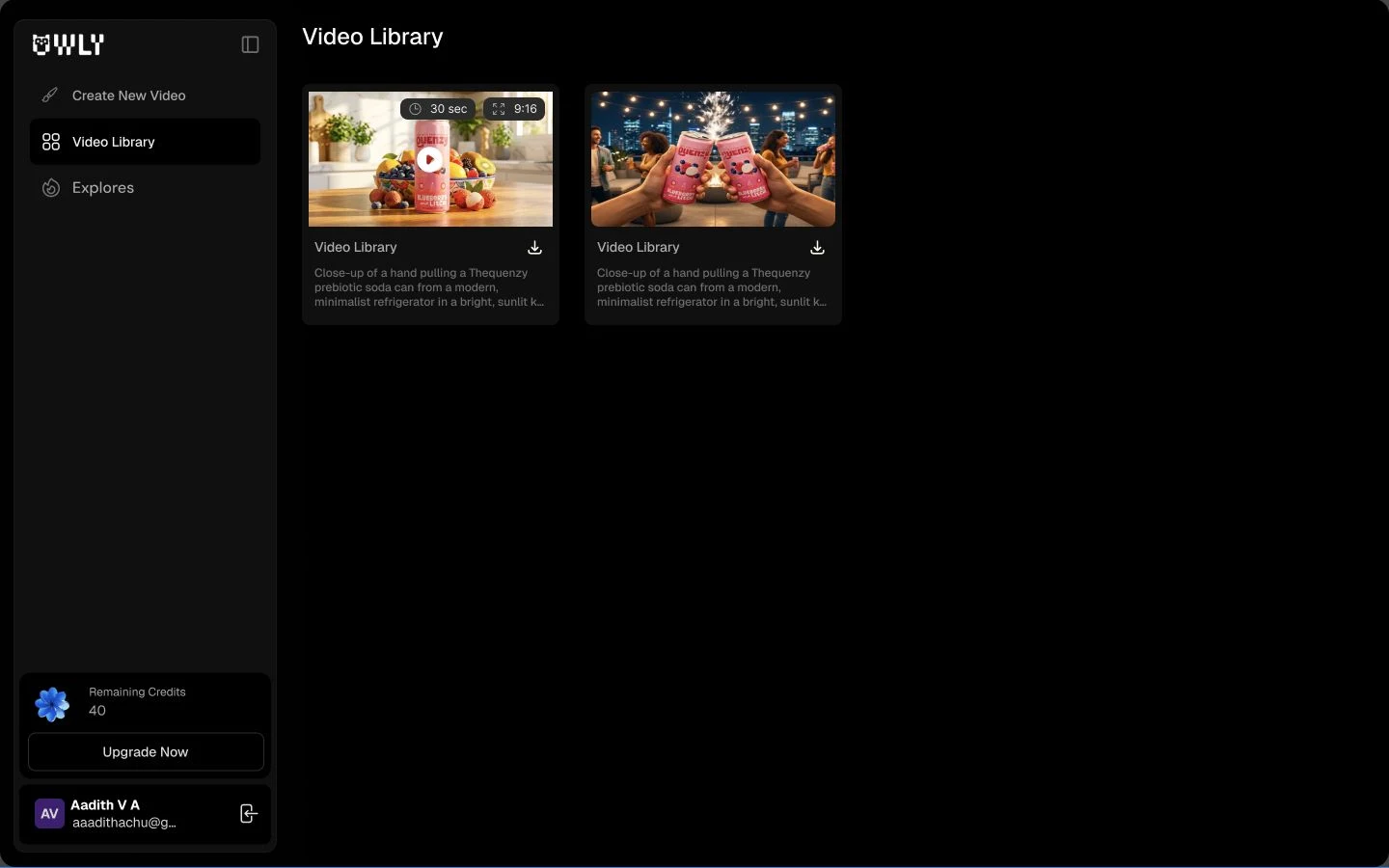 Completed-video library design with preview and download affordances. Original V2 viewport capture.