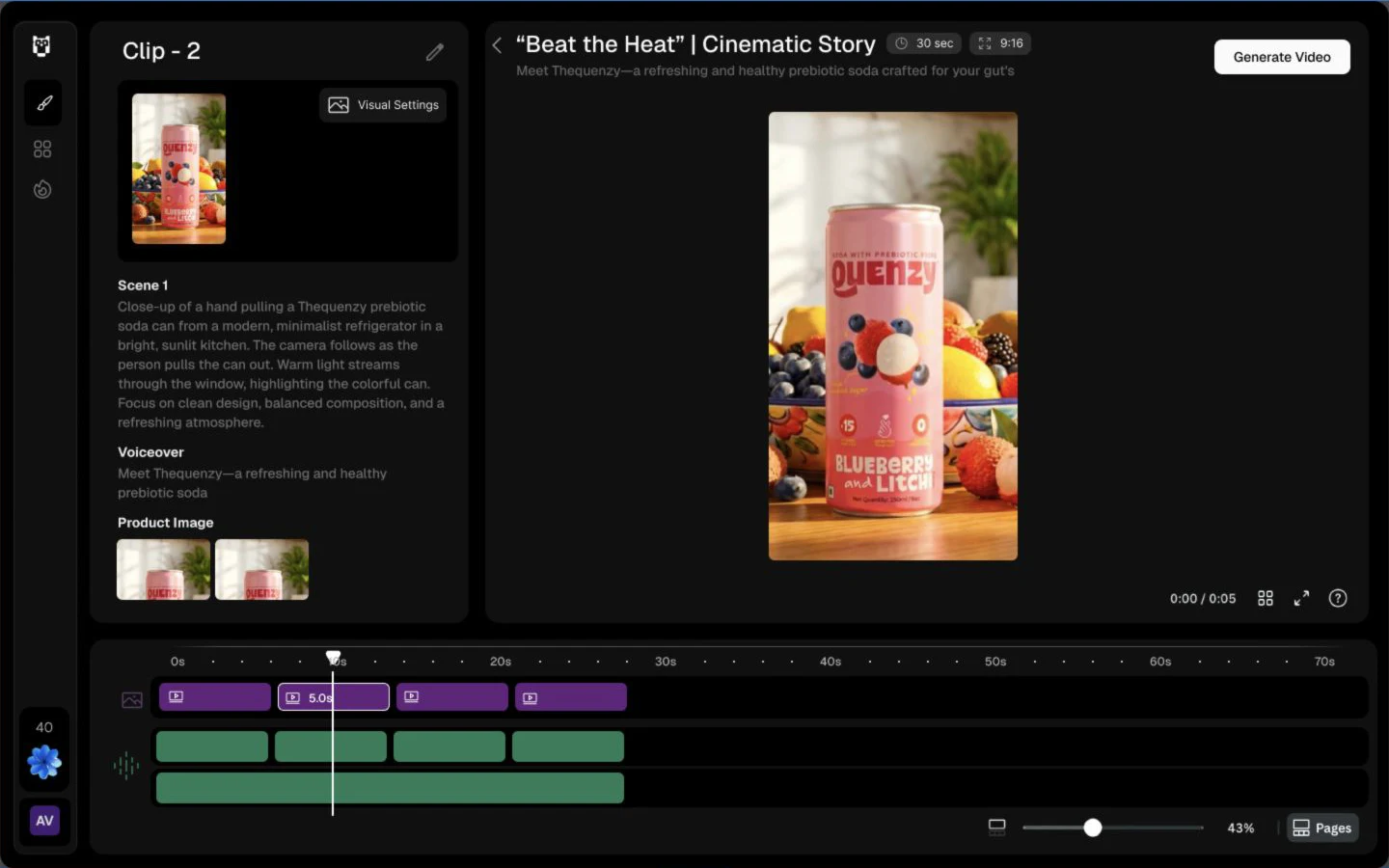 Owly V2 design: scene brief, voiceover and product references alongside a clip preview and timeline. Source design screen; production status unverified.