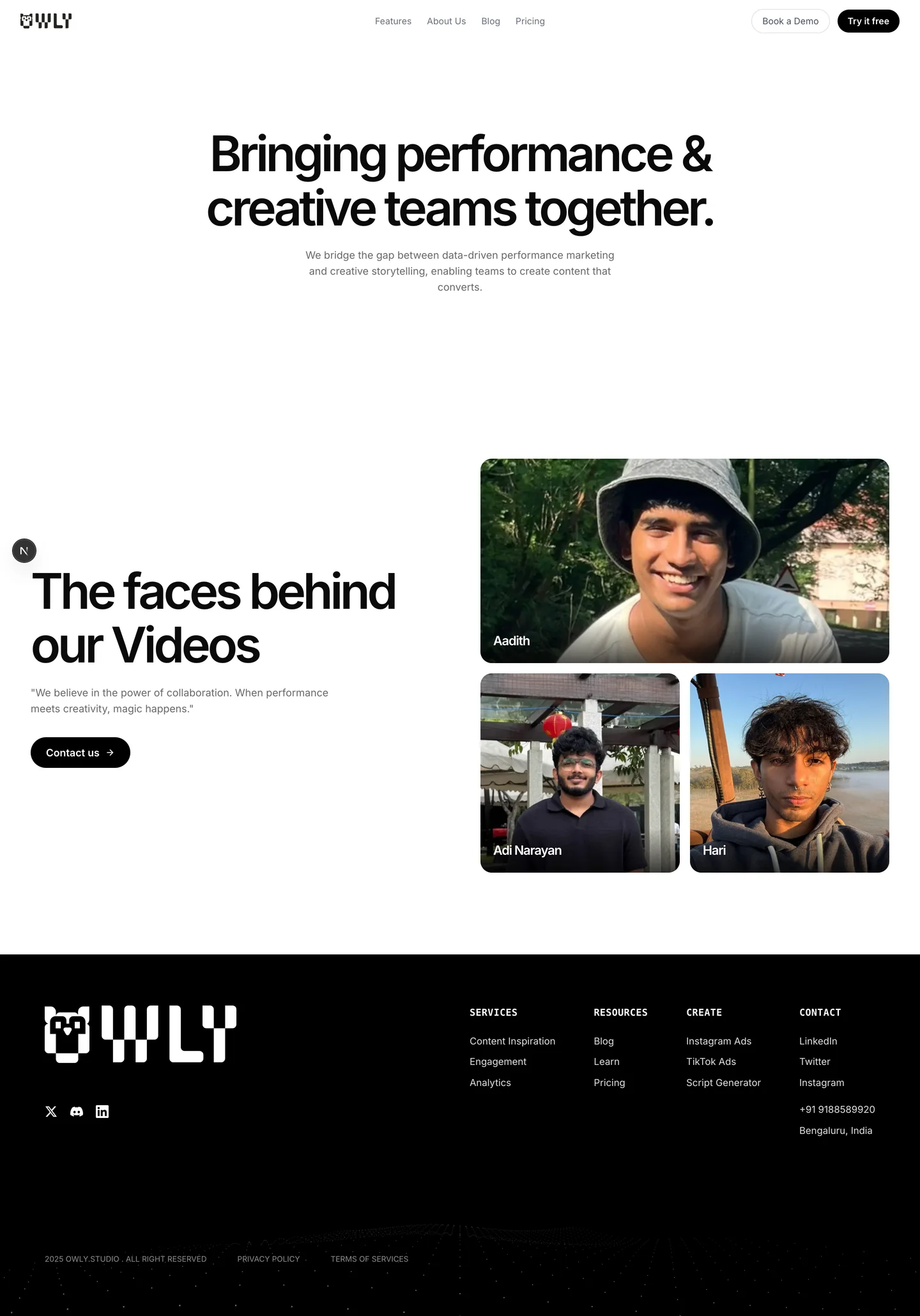 Owly marketing site: About page on desktop
