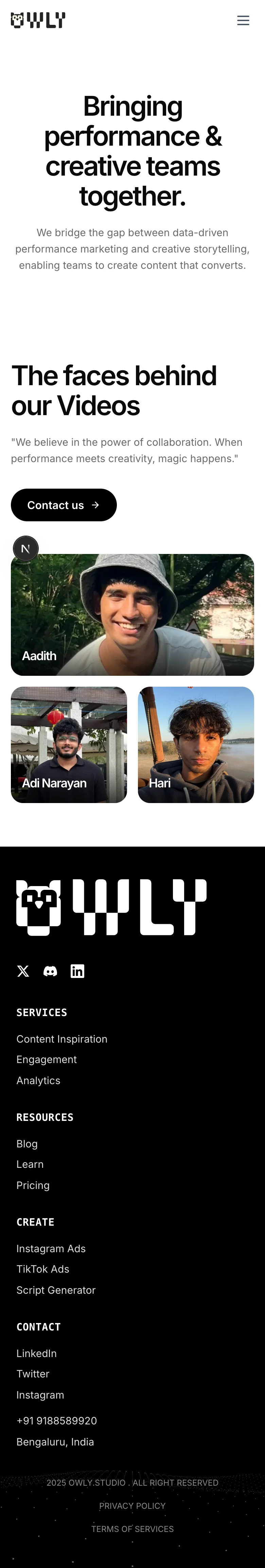 Owly marketing site: About page on mobile
