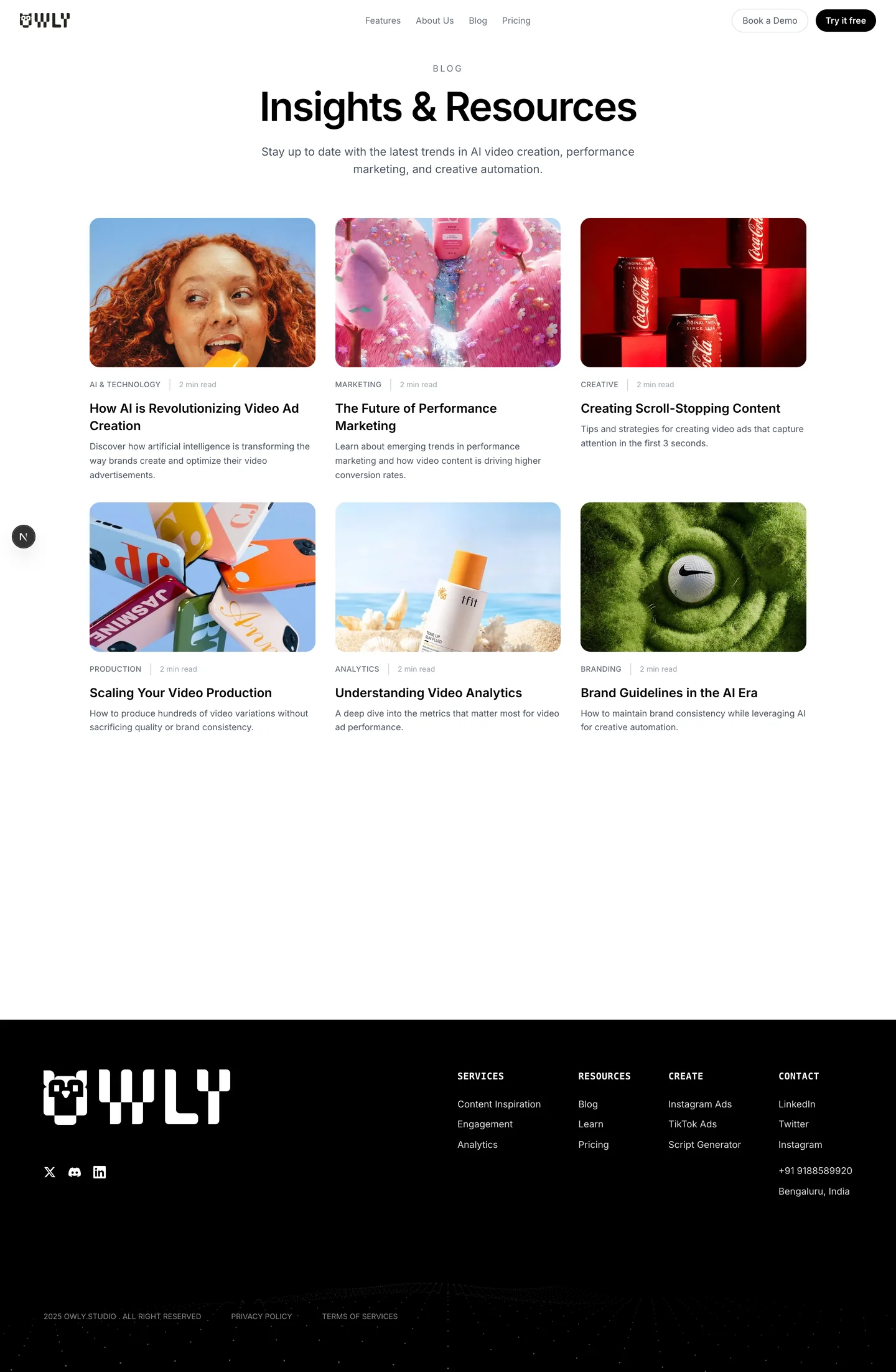 Owly marketing site: Blog page on desktop
