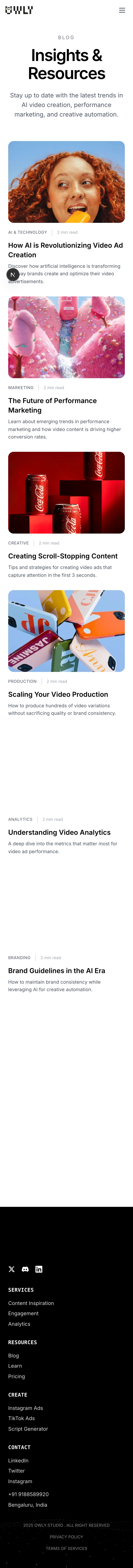 Owly marketing site: Blog page on mobile