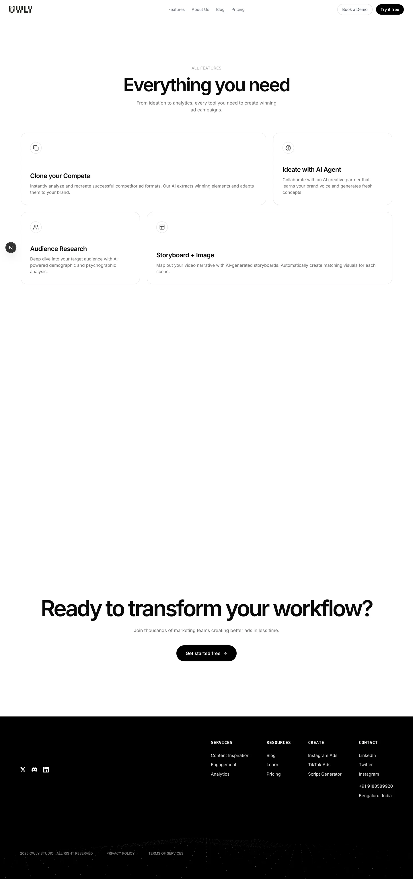 Owly marketing site: Features page on desktop